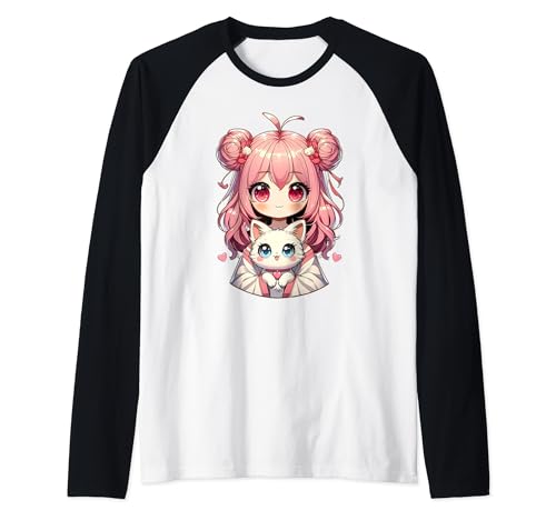 Anime mignon chat amoureux kawaii manga otaku anime fille rose Manche Raglan