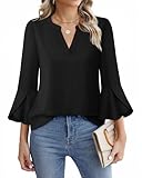 Gaharu Fashion Women Tops: 3/4 Sleeve Elegant Work Blouse Chiffon Shirts for Business Office - Summer Dressy Casual Clothing Black M