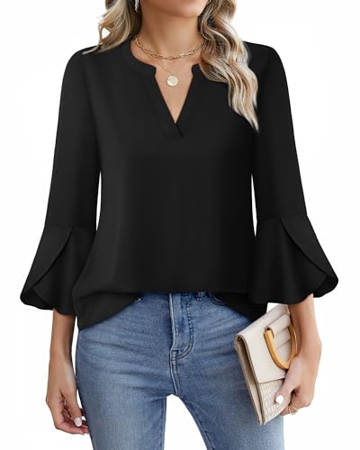 Gaharu Women's Work Blouses Ruffle 3/4 Sleeve Casual Chiffon Tunic Top 