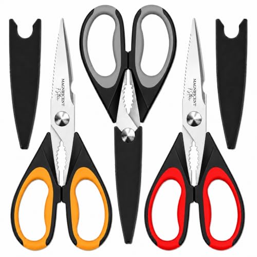 Image of Kitchen Scissors, Heavy Duty Shears with Safety Cover, Soft Grip, for Meat, Poultry, Herbs Cutting, Bottle and Jar Opener (Red-grey-orange)