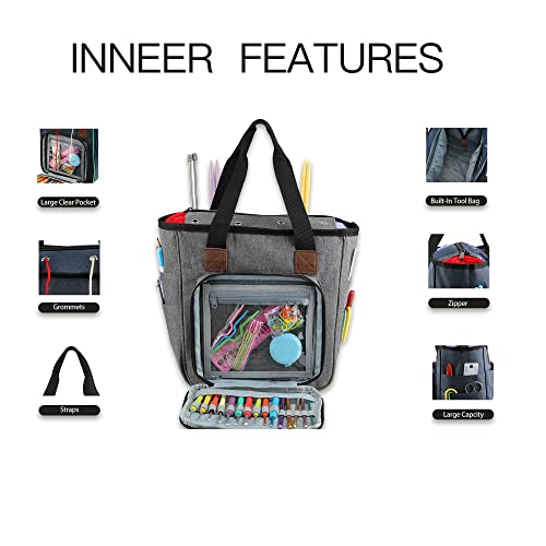 Image of JOZEA Yarn Storage Bag, Portable Crochet Tote Organizer, with Compartments for Yarn and Knitting Accessories, Knitting Bag with Zipper and Pockets for Home Traveling(Accessories Not Included) (Grey)