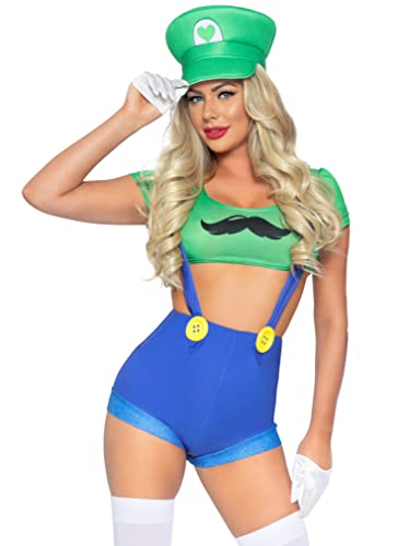 Leg Avenue Women's 3 Pc Sexy Gamer Babe Costume with Crop Top, Suspender Shorts, Hat, Green/Blue, Medium