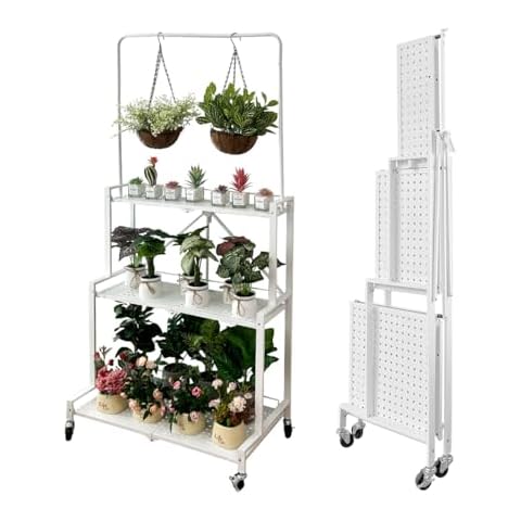 lumizone Foldable 4-Tier Plant Stand Indoor Outdoor Hanging Plant Shelf No Assembly Required Pot Placement Area With Wheels Sturdy Fall Prevention Storage Shelf Flower Pot Stand(4 Tier-White) Cover