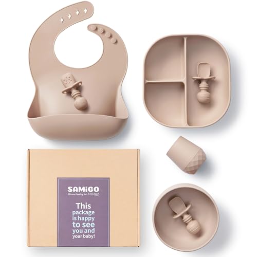 Image of SAMiGO Silicone Baby Feeding Set, Baby Led Weaning Supplies, Suction Bowl Plate Bib Cup Self Feeding Spoons, Solid Food Eating Essentials, First Stage Utensils, 6+ Months