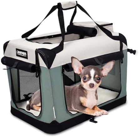 JESPET Soft Dog Crates Kennel for Pets, 3 Door Soft Sided Folding Travel Pet Carrier with Straps and Fleece Mat for Dogs, Cats, Rabbit, Indoor&Outdoor Use(5-Shale Green, Small(24″L x 16.5″W x 16.5″H))