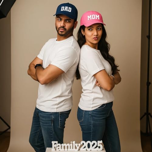 Image of ncgifts Mom Dad Cap Set - Pregnancy Maternity Photo Shoot Prop Cap Combo | for Photoshoot | Navy Blue & Pink (Pack of 2)