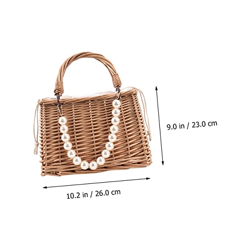 CLISPEED Pearl Straw Handbag for Women Portable Beach Bag Handheld Design Summer Tote for Vacation and Travel3