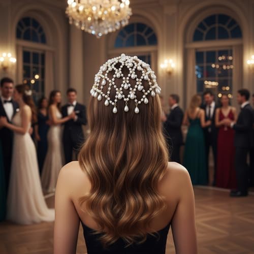 Cadena para la cabeza con diamantes de imitación brillantes y perlas vintage de fiesta 3
