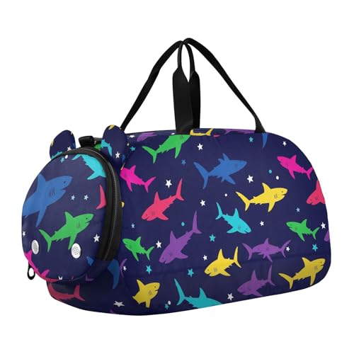 Sea Sharks Stars Black Print Kids Duffel Travel Bag Boys Girls Dance Bag Gym Cheer Overnight Weekend Tote for Teenager