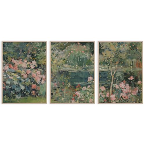 Farmhouse Abstract Landscape Wall Art Vintage Oil Painting Prints Vintage Spring Wildflower Wall Art Impressionist Garden Pond Floral Poster Set of 3 for Living Room Bedroom Home 12x16 Inch Unframed