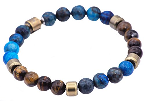 Blackjack Jewelry Men's Genuine Semi Precious Natural Gemstone Stainless Steel Bead Bracelet with Fold Over Hidden Clasp (Blue/Brown (Crazy lace/Tiger Eye))