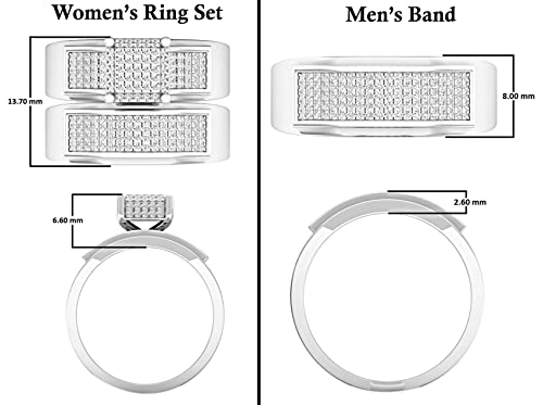 Dazzlingrock Collection 0.65 Carat (ctw) Round White Diamond Square Cluster Wedding Trio Ring Set for Men & Women in 925 Sterling Silver4