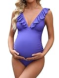 CUPSHE Damen Maternity Badeanzug V Ausschnitt Volants Lace Up Nach Schwangerschaft Einteilige Umstandsbademode Swimsuit Elektrisches Blau XL