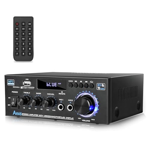 Image of Daakro AK45 Amplifier Stereo Receiver Bluetooth 5.0 Power Amp 2 Channel 300W Home Audio Amplifier w /USB /SD Card /BT /Mic Input for Home /Garage /Ceiling /Passive Speaker Theater System