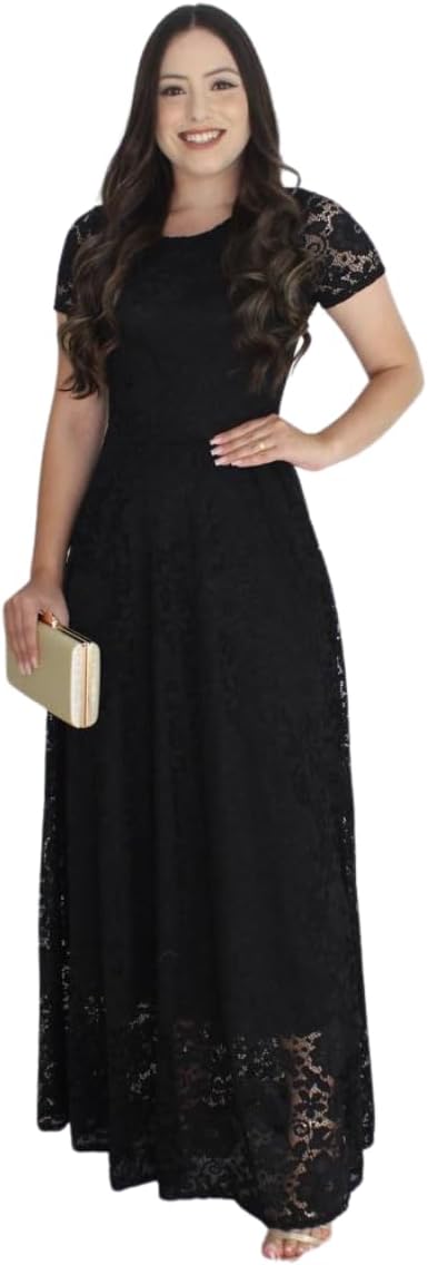 Vestido Feminino de Festa Longo Acinturado Mangas Curta Forrado Luxo e Glamour