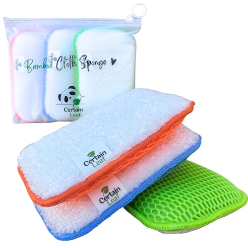 Image of Kitchen Dish Sponge Set, Dual Sided with Rayon derived from Bamboo and Mesh, Non Scratch Kitchen Cleaning Sponge Extra Absorbent Dish Sponge with Long Lasting Durable Scrubber, 3 Pack