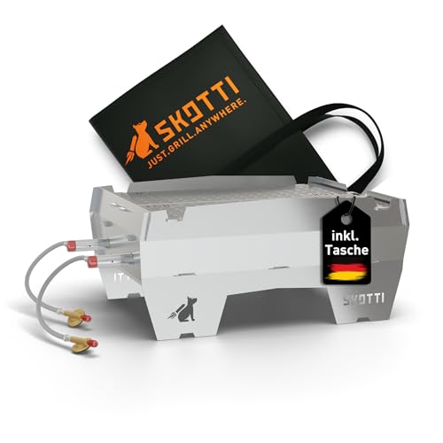 SKOTTI Grill Max XL, 2-flammig mit Gas, ideal für Camping, Festival oder Balkon, Camping Gasgrill für Gaskartuschen, faltbarer Campinggrill, steckbarer Campingkocher, Grillen und Kochen