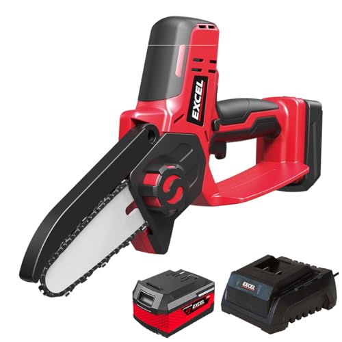 Excel 18V Cordless Mini Chain Saw with 1 x 4.0Ah Battery & Charger - Variable Speed Trigger, Safety Button, 4" Guide Bar Length, 4.8m/s Chain Speed, Cordless Chain Saw, 18V Chain Saw