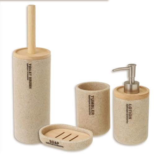 Relax World Set 4 Pezzi Accessori per il Bagno in Poliresina è Legno di bambù,con Portascopino,Dispenser di Sapone,Portasaponetta,Bicchiere.