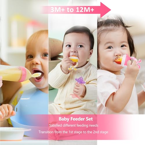 Image of WAJIAYON Baby Fruit Feeder Pacifier | 2 Infant Food Feeder Pacifier & 1 Baby Food Dispensing Spoon | Mesh Fresh Fruit Teethers for Babies Teething Feeders | Shower Gifts for Boys and Girls (Pink)