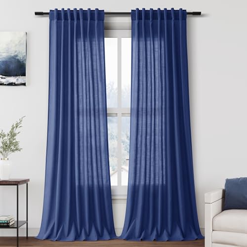 Image of Nanspring Classic Blue Linen Curtains 102 Inches Long Rod Pocket Back Tab Drapes 2 Panels Set for Living Room Bedroom Light Filtering Semi Sheer Classic Blue Curtain 102 Length for Patio Door 52x102