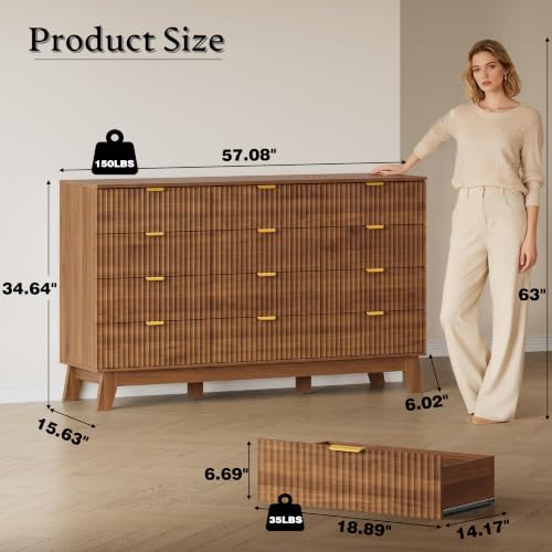Image of BORNOON 57 inch Wide Dresser for Bedroom, 12-Drawer Fluted Dresser with Metal Handles, Wood Chest of Drawers with Smooth Slides and Stable Base, Storage Cabinet for Living Room, Nursery, Timeless Noir