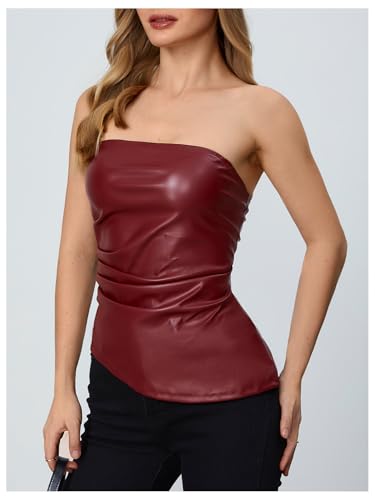 MakeMeChic Women's Faux Leather Strapless Tube Tops Asymmetrical Ruched Backless Corset Crop Going Out Tops4
