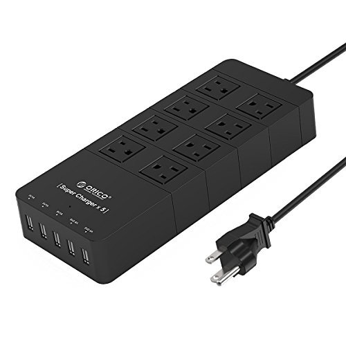 ORICO 8-Outlet Surge Protector Power Strip 5ft Extension Cord with 5 Port 40W USB Charger for Home & Office,Nightstand & Workbench,1700 Joule - Black (HPC-8A5U)