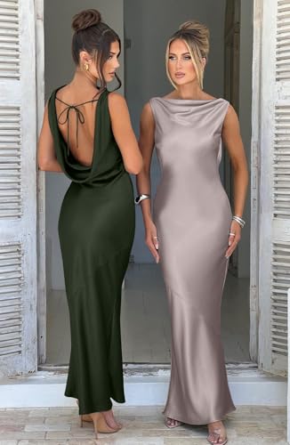 Memoriesea Women's Satin Elegant Sleeveless High Neck Tie Cocktail Party Maxi...