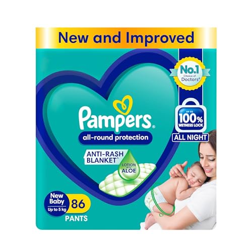 Pampers All round Protection Pants, New Born/Extra Small (NB/XS) Size, 86 Count, Pant Style Baby Diapers, Anti Rash Blanket, Lotion with Aloe Vera, Up to 5kg Diapers
