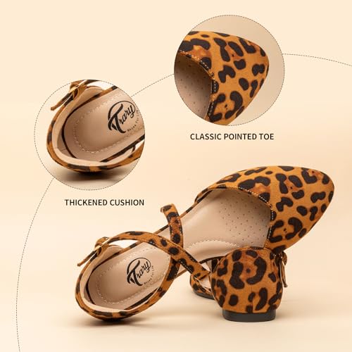 Trary Leopard Mary Jane Flats for Women, Pointed Toe Suede Ballet Flats with Double Cross Ankle Straps, Comfortable Casual Dress Shoes Size 84