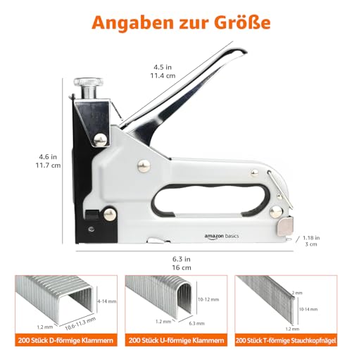 Amazon Basics Strapazierfähiger Handtacker, 3-in-1-Tackerpistole mit 600 Heftklammern, für Polstermöbel, Hausreparatur, Tischlerei, Dekoration und Reparatur von Möbeln, Schwarz
