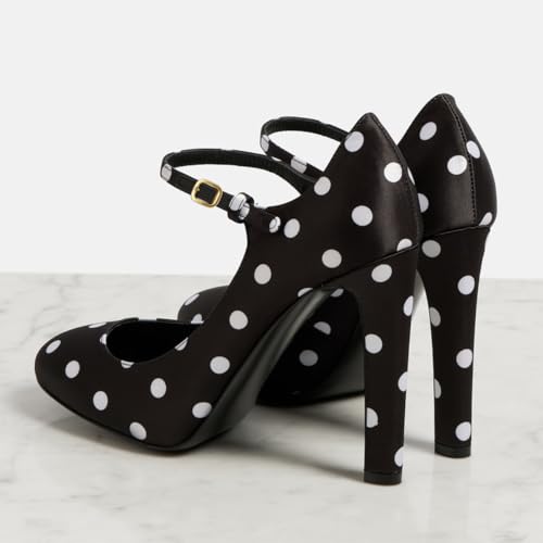 Women Elegant Round Toe Polka Dots Mary Jane Pumps Single Strap Buckle Chunky High Heels Party Prom Cocktail Shoes Size 4-16 US3