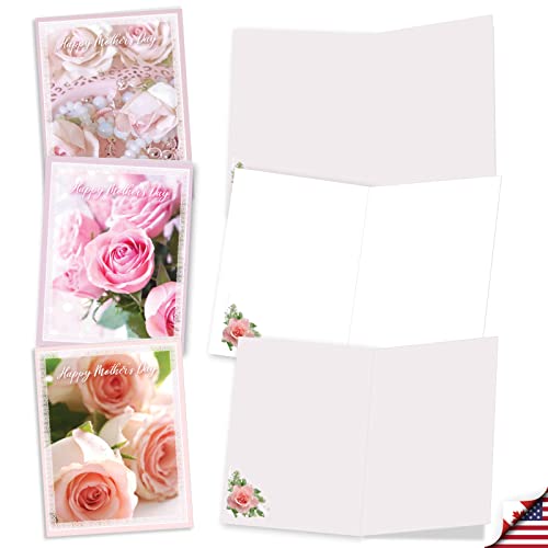 The Best Card Company 20 Assorted Floral Blank Mother's Day Notes Box Set 4 x 5.12 Inch with Envelopes (10 Designs, 2 Each) Romantic Sweet Pink Roses AM10311MDB-B2x10