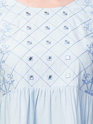 Image of FIMS - Fashion is my style Women Cotton Pleated & Gathered Embroidery Stone Full Sleeves Top Regular Fit Round Neck Tops for Girls
