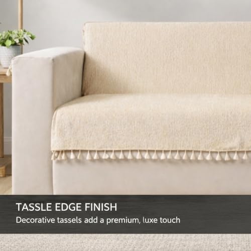 Image of STITCHNEST Beige Chenille Sofa Cover 48x60 Inch - Soft, Durable & Textured Fabric with Tassels | Full Coverage Sofa for Living Room, Bedroom, or Drawing Room