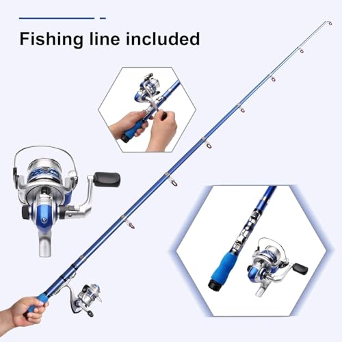 BNTTEAM Mini canne à pêche et moulinet Combos télescopique portable dur 99 % fibre de carbone Canne à pêche et moulinet Leurre de pêche (Full Kits X2, 1,7 m/66,9 pouces/5,57 ft) – vue 3