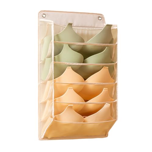 House of Quirk Durable Transparent Design Wardrobe Hanging Sock Organizer with 6 Mesh Pockets, Space-Saving Storage Hanging Bag for Underpants Lingerie Panties Socks (Beige)