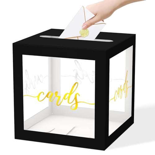 JCTHKUKU Card Box for Party, Gold Foil Gift Cards Receiving Box Holder for Wedding, Bridal Shower, Graduation, Birthday, Retirement, Baby Shower, Anniversaries Party Decorations (8.7\'\' Clear Black)