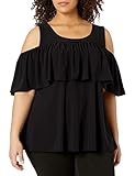 Star Vixen Women's Plus-Size Off/Cold Shoulder Dramatic Ruffle Peasant Top, Black Solid, 3X