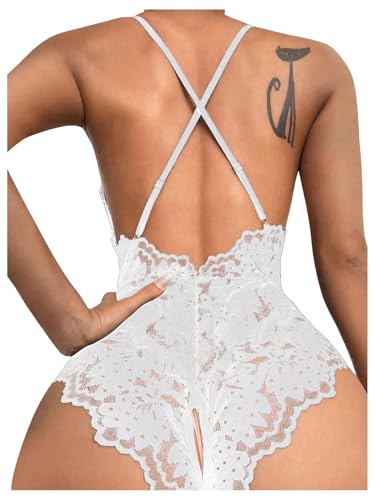 Image of SOLY HUX Women's One Piece Lingerie Sexy Lace Babydoll Deep V Teddy Criss Cross Backless Teddy Mini Bodysuit