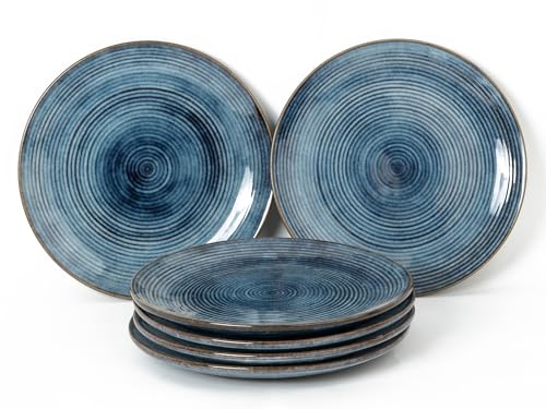 Image of Handcrafted Reactive Glaze Ceramic Dinner Plates, 6 Pieces Serving for 6, Microwave and Dishwasher Safe, Bone-ash Free, Full Plate Set Crockery for Dining and Gifting, Reactive Blue