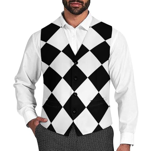 Black And White Argyle Men's Suit Vests Business Formal Dress V-Neck Waistcoat Tops with 2 Pockets