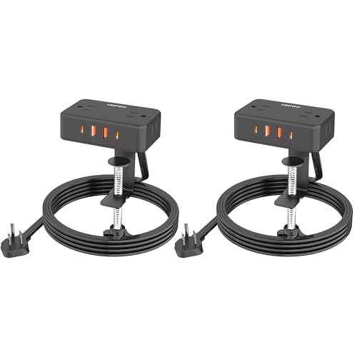 HOPOW Desk Clamp Power Strip, 2 Pack Desktop Mount Charging Station with 4 Outlets 4 USB Ports (2 USB C), 10Ft Under Desk Power Strip, Fits 2.75' Tabletop Edge, Extension Cord for Home Office, Black