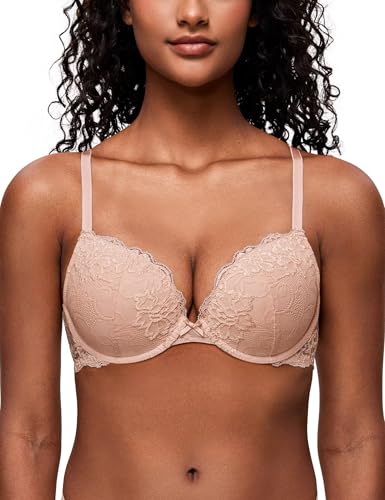 Deyllo Women's Push Up Lace Bra Sexy Deep V Lift Up Bra Underwire Padded Comfort Everyday Bra(Pink Nude,32B)