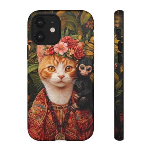 Coque iPhone 12 chat roux et couronne florale rigide