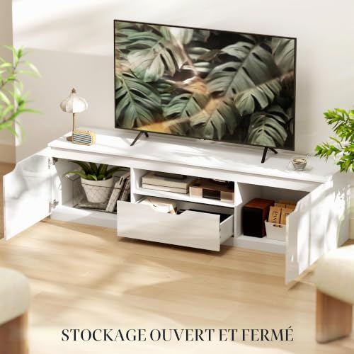 Table TV pour Salon HOMCOM Blanc 160 cm pour Masquer les Câbles de l'Écran