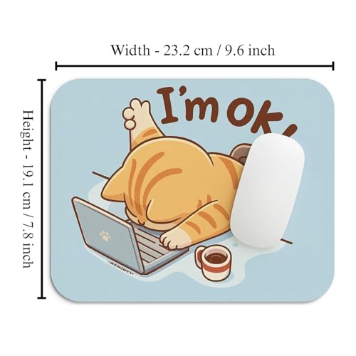 Image of Funny Cat Mouse Pad, 'I'm Ok' Cute Cartoon Design, Blue, Non-Slip Office Desk Accessory