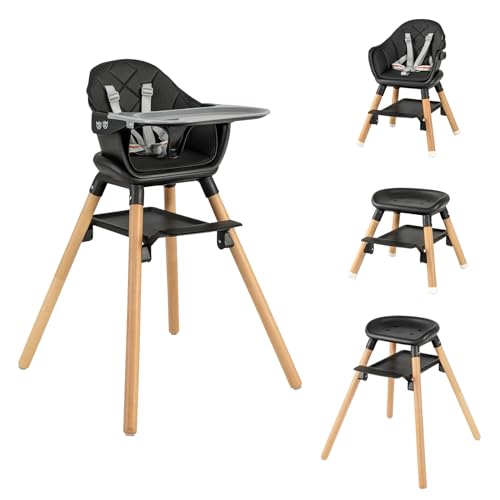 Image of HONEY JOY Baby High Chair, 6 In 1 Convertible Wooden Highchair for Babies and Toddlers/Toddler Chair/Bar Stool, Removable Double Tray & Reversible Footrest, Safety Harness for Infant Boys Girls(Black)