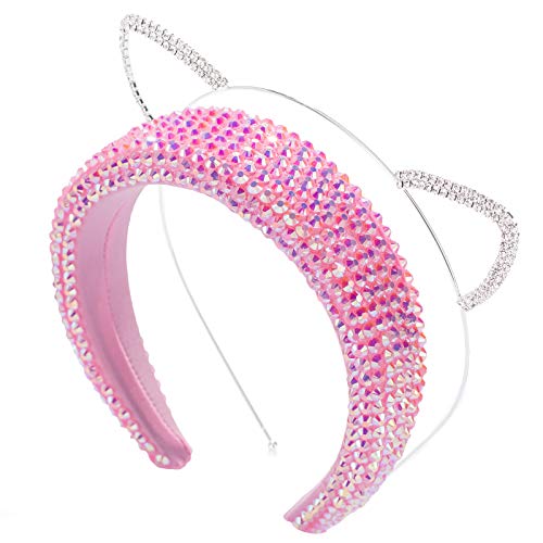 HETIANMEI Cat Ears Rhinestone Headbands for Women，Jeweled Diamond Sparkly Crystal Headband for Kids/Girls,Very Suitable for Personal Use and Gifts 2 Pcs (Pink)